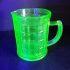 Vintage Hazel Atlas Uranium Glass Creamer Glass Block Optic Design 3 7/8” Glows