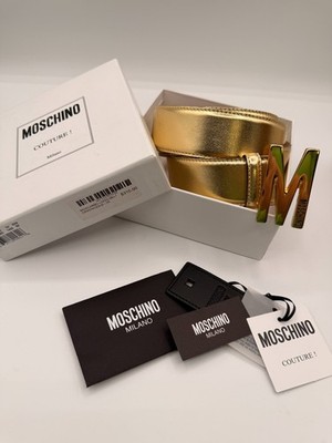 Moschino Couture Gold Metallic Leather Belt Large Logo Buckle Made