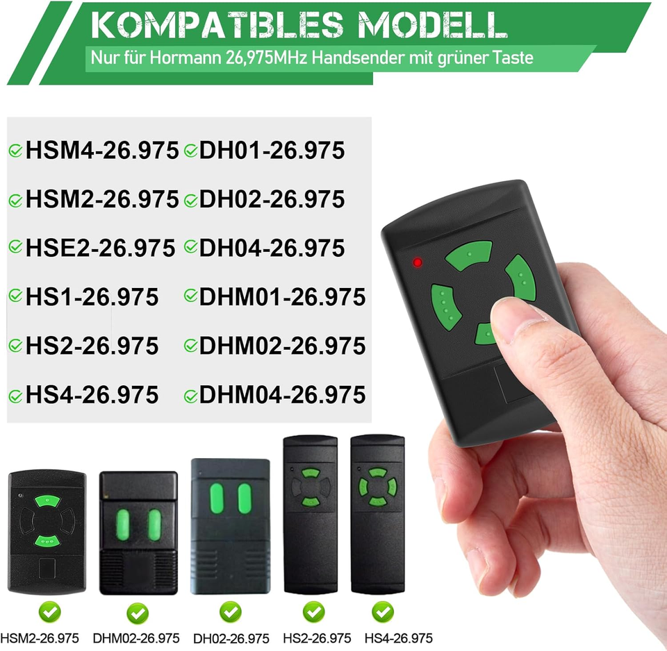 Wvoillty 26.975 MHz Garagentor Fernbedienung, Handsender Kompatibel mit Fernbedienung Hormann HSM4-26.975, HSM2-26.975, HS2-26.975,DHM02-26.975, Grün Taste 4 Kanäle