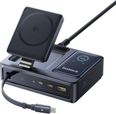 Baseus NOMOS 5 in 1 Ladestation, 140 W USB-C Ladegerät mit 15 W Qi2.0 MagSafe