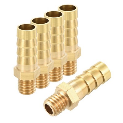 5 Pack Brass Hose Barb to Male Adapter, 8mm Barb x M8x1.25mm Male