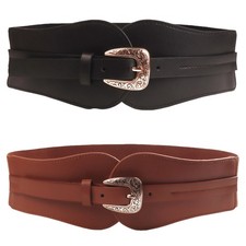 Women Metal Flower Buckle Wide Faux Leather Stretch Belt Dress Coat Waistband
