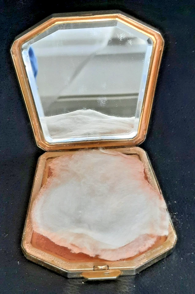 ANCIEN POUDRIER DE SAC EN METAL DORE AVEC MIROIR DE FORME ORIGINALE - Photo 2/4