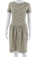 Oscar de la Renta Women Sheath Dress Beige Wool Short Sleeve Size 6