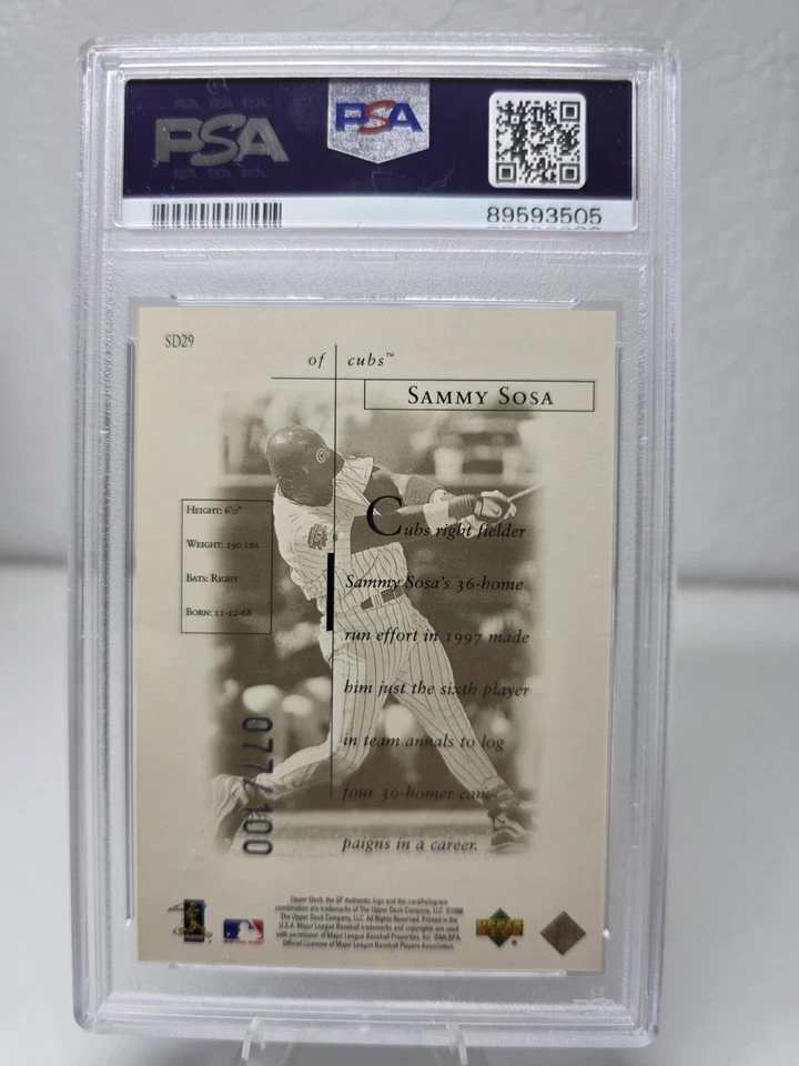 Auténtico SP 1998 - Sheer Dominance Sammy Sosa #SD29 Titanium #'d/100 PSA 10 Foto 2 de 2