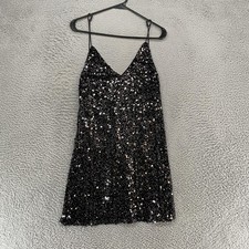 Lulus Sequin Slip Dress Womens Small Black V Neck Mini Party Cocktail NYE
