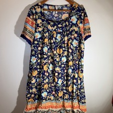 Lilypad Floral Midi Dress Womens Large Bohemian Peasant House Patio Rayon