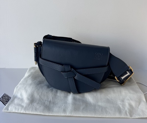 LOEWE Gate Small Onyx Blue Smooth Leather Crossbody, Adjustable Logo Strap, Flap