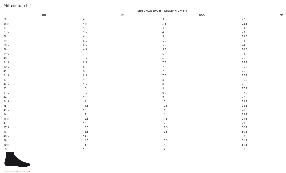 Cycling shoe size chart EU UK US