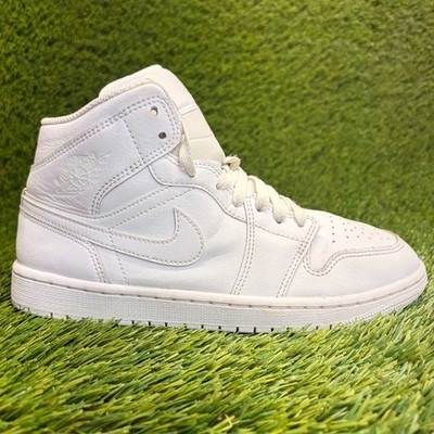 Nike Air Jordan 1 Mid Mens Size 7.5 Triple White Athletic Leather Shoes Sneakers