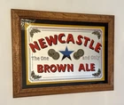 Vintage 90’s New Castle Brown Ale Mirrored Glass Beer Sign Oak Frame NOS 21 X 16