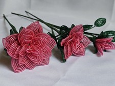 NEW 3 handmade French beaded Flowers rose Large medium Bud Bright Pink roses