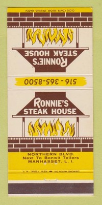 Matchbook Cover - Ronnie's Steak House Manhasset LI NY 30 Strike