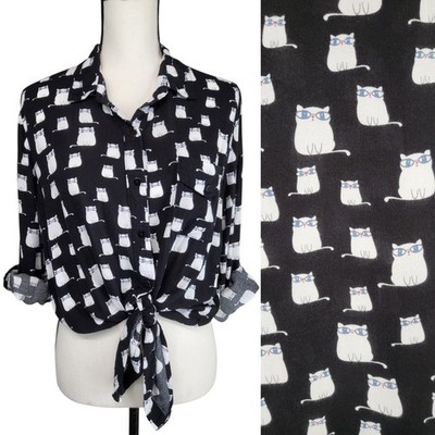 Love Notes Nerd Cats in Glasses Print Rayon Shirt Button Front/Tie Retro Top M