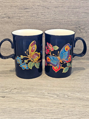 Dunoon Hawaii Becher-Set 2-tlg Steinzeug blau, Schmetterling & Blumen