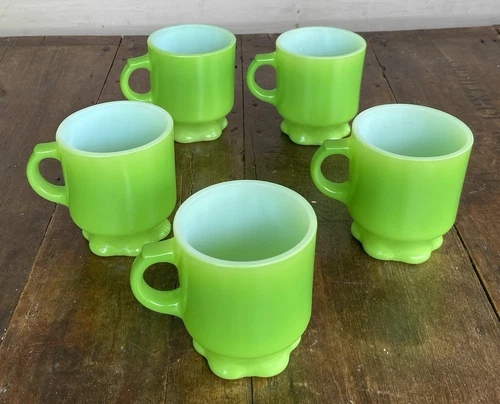 Fire King Anchor Hocking 5 Petal Foot Coffee Mugs Cups GREEN Vintage