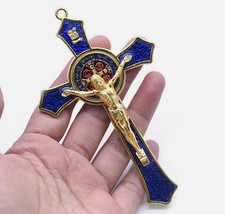 Vintage Metal Hand Hold Cross Crucifix Jesus Holy Religious Carved Christ Blue