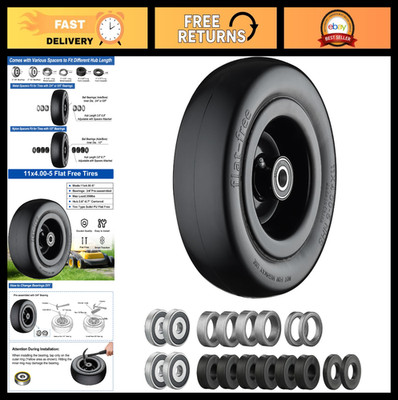 Flat Free Lawn Mower Tire 11x4.00-5, 330lbs Load, 3/4'' & 5/8'' Bearings, 1 Pack