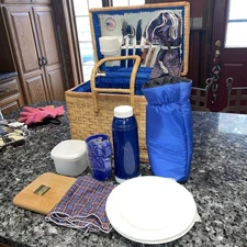 Vintage Picnic Time Co Basket Folding Handles with Tablecloth, Silverware Wicker