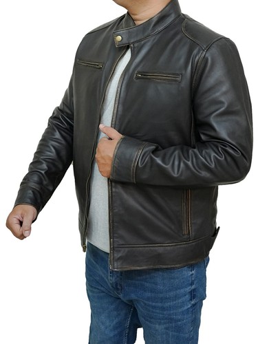 Men's New Moto Biker Cafe Racer Real Sheepskin Vintage Brown Leather Jacket - Picture 6 of 8