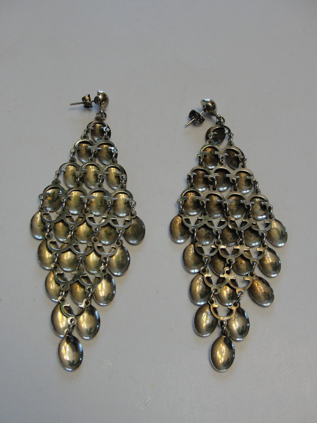 Vintage Silver Tone Post Stud Dangle Teardrops 4"… - image 4