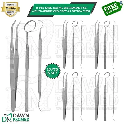 DAWNPROMED 15 Pcs Basic Dental Instruments Set Mirror Explorer #5 Cotton Plier German Grade