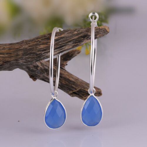 Pear Blue Chalcedony Huggie Hoop Earring In Sterling Silver Jewelry Earrings - Picture 3 of 5
