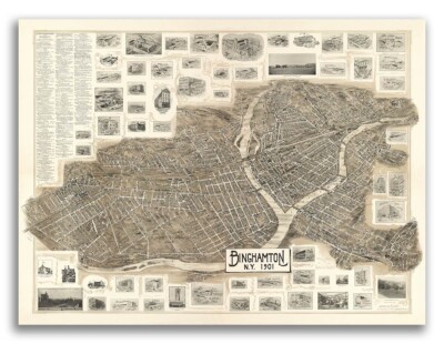 1901 Binghamton New York Vintage Old Panoramic NY City Map - 20x28