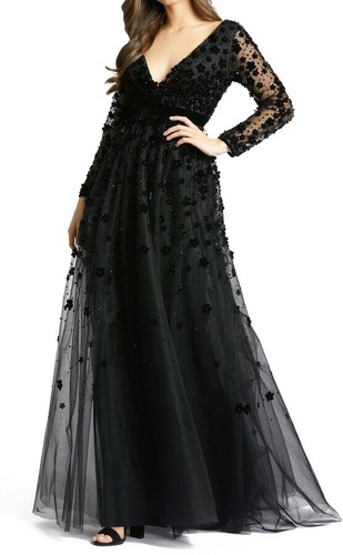 NEW Mac Duggal Velvet Floral Appliqué 