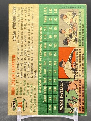 1954 Topps #31 Johnny Klippstein Vintage VTG Chicago Cubs Card