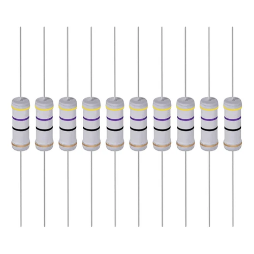 100片2瓦碳薄膜电阻的垂直排列,带有金属引脚,显示134至10M欧姆的阻值。