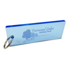 blue tinted acrylic plastic hotel key fobs tags personalised engraved