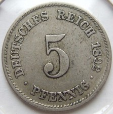 M&uuml;nze Deutsches Reich Kaiserreich 5 Pfennig 1892 J in Sehr sch&ouml;n