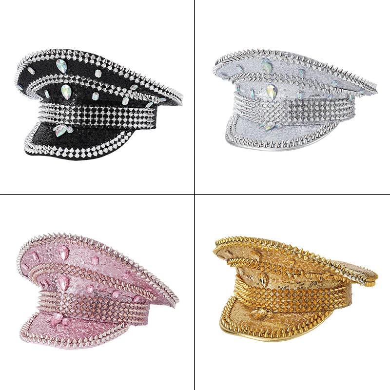 Chapéu capitão feminino boné militar brilhante boné de strass festival música festa chapéu - Imagem 2 de 4