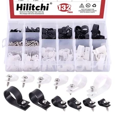 132 Pcs 6 Sizes Black And White Plastic Cable Clamp R Type Screw Mounting Cord F