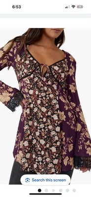 NWOT Free People Size S Tunic Purple Odette Floral Long Sleeve Lace A-Line Boho