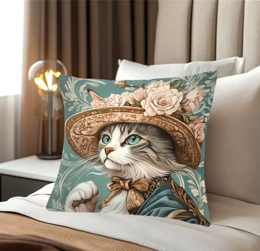 Housse de coussin Chatte avec ravissant chapeau ancien 45 cm - Photo 3/4