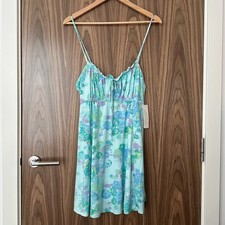Urban Outfitters Blue Floral Jersey Babydoll Ruffle Ruched Cami Mini Dress L NEW