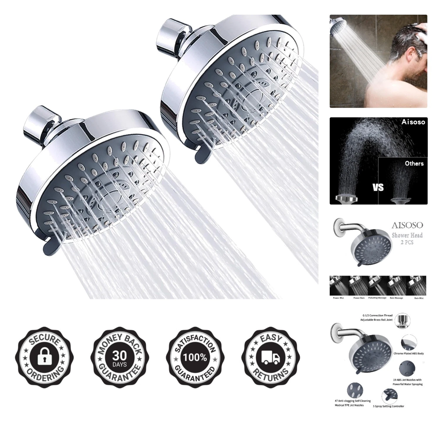 5 Modes High Pressure Fixed Shower Head Set - 360° Rotating Design, Chrome
