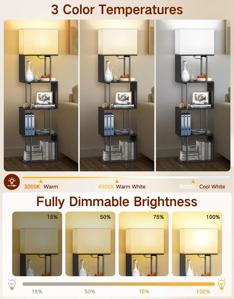 5-Tier Floor Lamp with Shelves & Remote, Dimmable S-Shaped Bookshelf with 3 C... - Image 2 of 4