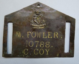WW1 British Army Bed Plate M Fowler 10788 Royal Irish Regiment KIA 8 May 1915