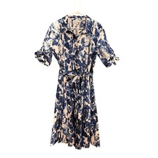 Calvin Klein Shirt Dress Womens 12 Blue Floral Cotton Tie Sleeve Belted Knee