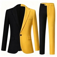Men's Black Yellow Patchwork Party Prom Evening Casual Smart Suit Blazer Pant