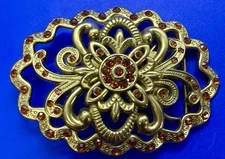 Victorian Flower Floral Theme See-Trough Brown Rhinestone Accented Belt Buckle