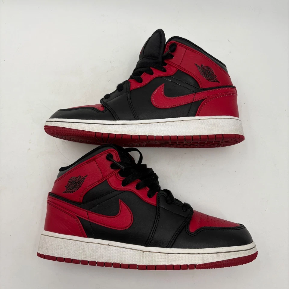 Air Jordan 1 Mid Boys Youth Red Black Sneakers Shoes 554725-074 5.5Y - Image 2 of 4