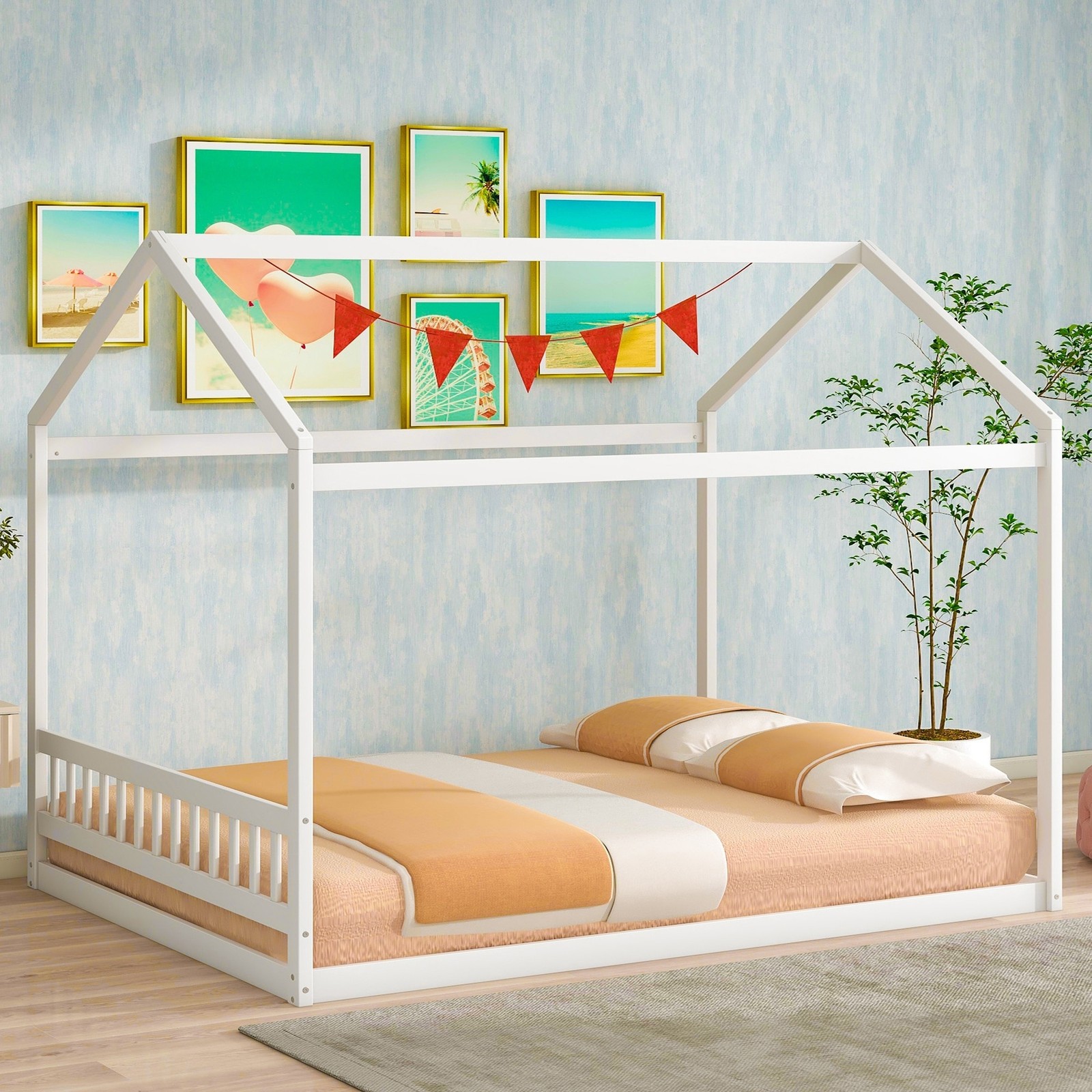 Wooden House Bed Frame with Built-in Headboard for Kids-image
