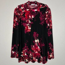 Susan Graver plus size 2X blouse black red floral liquid knit long puff sleeve