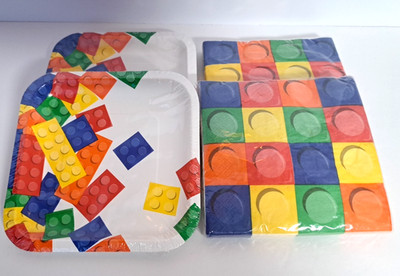 NEW! Lego Paper Plates Napkins Lot - 16 Square Plates &  32 Lunch Napkins