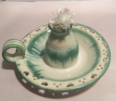Artist Signed Hand Made Pottery Oil Candle Or Vase W Finger Hold