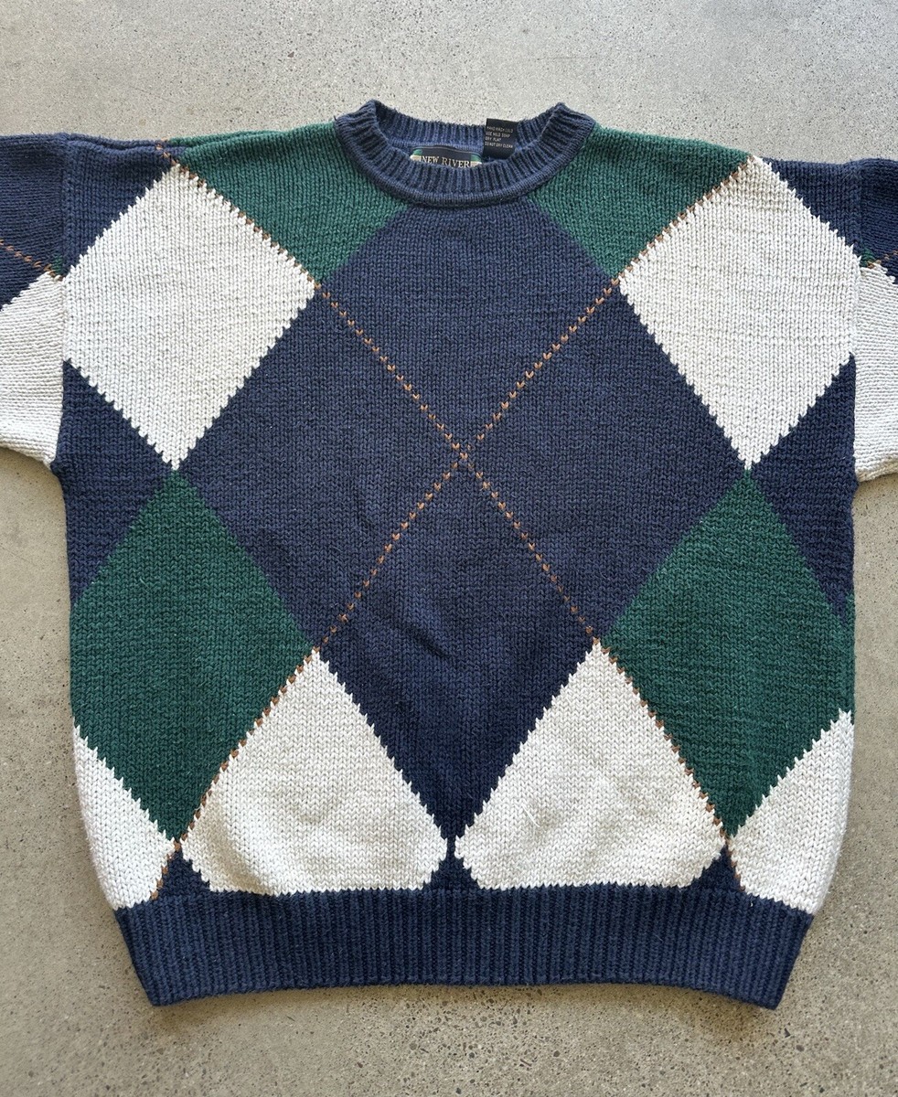 トップス 80s euro argyle knit sweater Vintage New River for J. Riggings Blue Green & White Argyle Knit